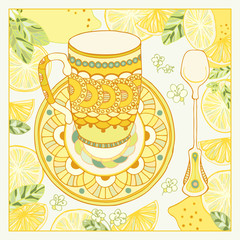 Lemon Tea cup saucer spoon doodle hand drawn graphics vector