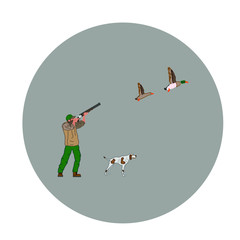 hunter man with spotted dog, shooting ducks flying, vector illustration