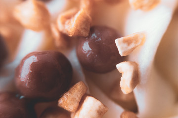 A close up of food. Delicious chocolate ball candies with crushed nut