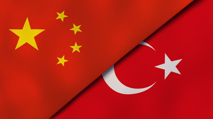The flags of China and Turkey. News, reportage, business background. 3d illustration