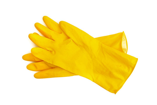 A Pair Of Yellow Latex Protective Gloves Isolated On White Background