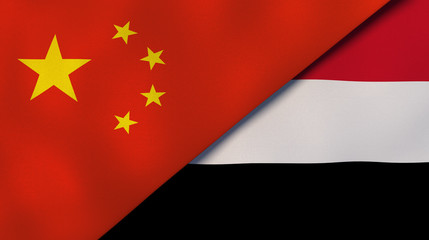 The flags of China and Yemen. News, reportage, business background. 3d illustration