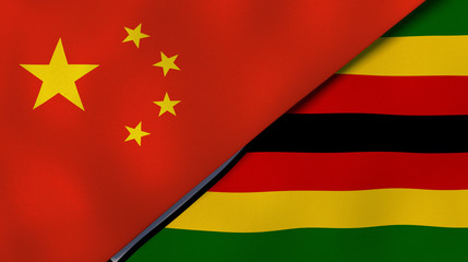 The flags of China and Zimbabwe. News, reportage, business background. 3d illustration