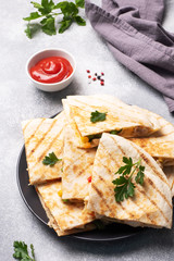 Triangular slices of a Mexican quesadilla with the sauce. The traditional dish of Mexico is tortillas stuffed with meat and vegetables. copy space.