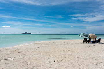 Tropical beach in "Cayo Los Viejos" ("Saki Saki") in the caribbean sea with Gran Roque island in the background (Los Roques Archipelago, Venezuela).