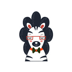Cute cartoon zebra head in glasses. Exotic animals. Character for greeting cards, kids and baby t-shirts and wear, nursery and baby room interiors.