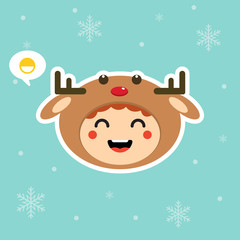 Kawaii and funny little boy dressed as deer. Cute kid in carnival costume. Merry Christmas and Happy New Year. Winter holiday. Flat vector design for greeting card, mascot, web