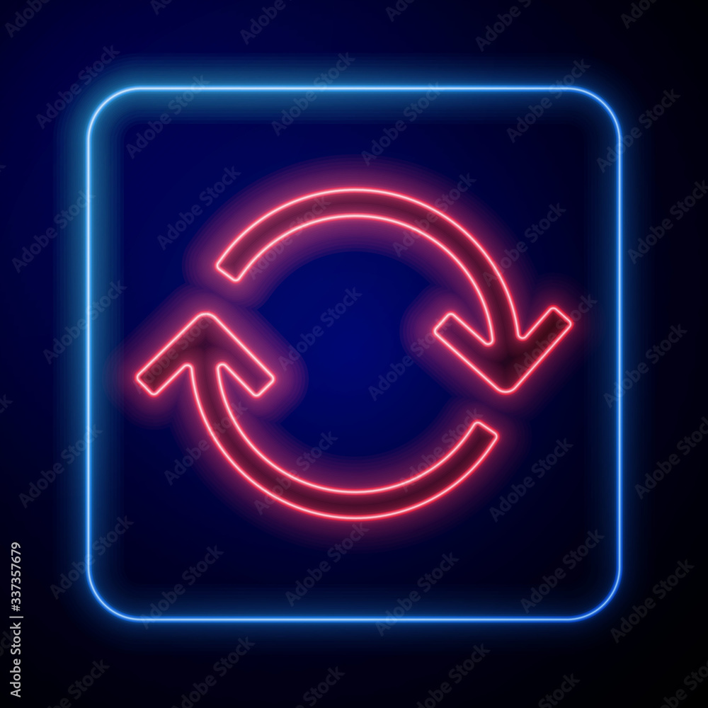 Poster glowing neon refresh icon isolated on blue background. reload symbol. rotation arrows in a circle si