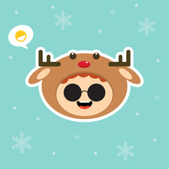 Kawaii and funny little boy dressed as deer. Cute kid in carnival costume. Merry Christmas and Happy New Year. Winter holiday. Flat vector design for greeting card, mascot, web