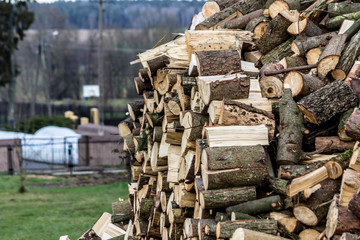 Firewood harvested for heating a house in cold winter. Site about farms, agriculture, village, seasons. Podlasie, Poland.