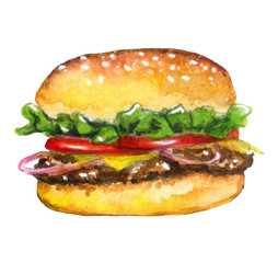 Tasty fast food burger pizza hot-dog shawarma 
pancakes with berries and jam