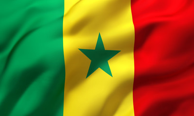Flag of Senegal blowing in the wind. Full page Senegalese flying flag. 3D illustration. - obrazy, fototapety, plakaty