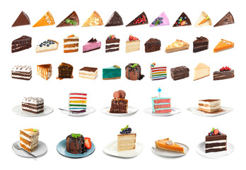 Set with different cake pieces isolated on white