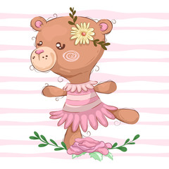 Cartoon cute bear girl with flower