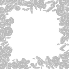 Indian rupee coins falling. Scattered black and wh