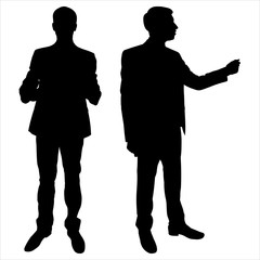 Vector illustration male silhouette in a business suit. Set of two black eyeshadows isolated on a white background. Demonstration, discussion, training, performance. A man in profile and full face.