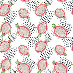 Cute Pitaya seamless pattern pink background. Watercolor pink halves of dragon fruit with seeds repeating wallpaper. 