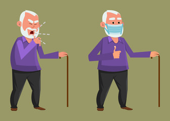 old man coughing and wearing protective face mask. old flat style character design for your design, motion, or animation.