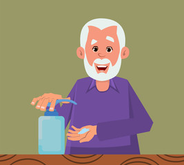 old man sanitizing hands with alcohol gel. old flat style character design for your design, motion, or animation.
