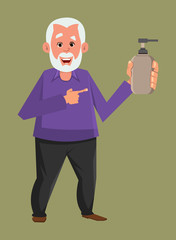 old man showing alcohol gel bottle. covid-19 or coronavirus concept illustration. old flat style character design for your design, motion, or animation.