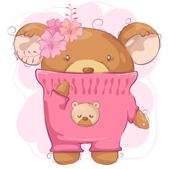 Cartoon cute bear girl with flower