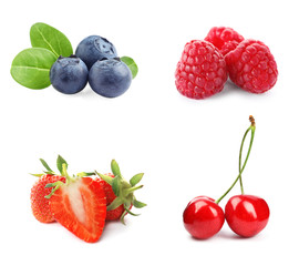 Set of different ripe berries on white background