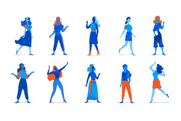 Collezione di personaggi femminili in diverse posizioni isolati sullo fondo bianco - obrazy, fototapety, plakaty