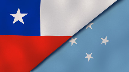 The flags of Chile and Micronesia. News, reportage, business background. 3d illustration