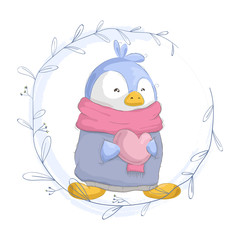 Cute penguin holding heart and border ornaments illustration