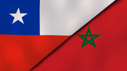 The flags of Chile and Morocco. News, reportage, business background. 3d illustration