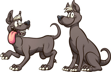 Cartoon Mexican Xolo hairless dogs walking and sitting. Vector cartoon clip art illustration with simple gradients.Each on a separate layer.
