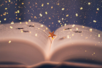 Reading books at home. Gold star. The foreground and background are blurred. Close up. Bokeh
