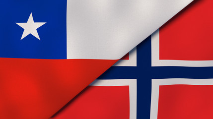 The flags of Chile and Norway. News, reportage, business background. 3d illustration