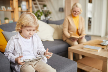 Little boy with blond hair playing computer game on tablet pc with his grandmother sitting on sofa in the background at home