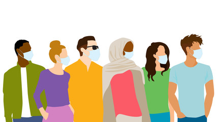Group of Diverse People wearing protective medical face masks standing looking to the side. Flat Faceless Vector Illustration