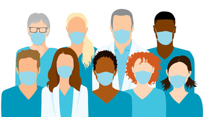 Group of medical professionals wearing protective face masks, doctors and nurses in scrubs. Faceless flat simple vector illustration.