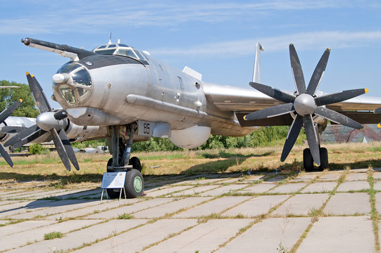 KYIV, UKRAINE - JULY 29, 2006: Tupolev Tu-142 maritime reconnaissance and anti-submarine warfare aircraft on exhibition at Zhuliany State Aviation Museum