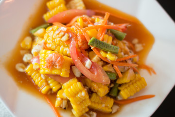 Thai food, Corn Salad with Salted Eggs and Dried Shrimp