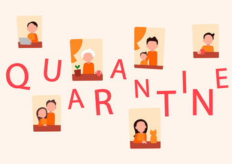 Observe quarantine to fight the coronavirus ( ovid19). People and families doing different activities at home. Self isolation helps prevent infection. Background with the inscription