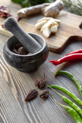 spices in a mortar on a wooden board