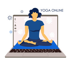 Yoga online. Girl coach holds a lesson online. Laptop screen. Sports at home in isolation during quarantine. Meditation and relax. Workout remotely. Flat illustration isolated on a white background.