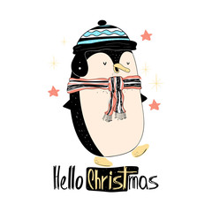 Cute vector hand drawn style illustration with penguin. Hello christmas - hand lettering