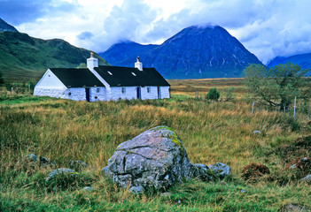 Old Crofters Cottage on the isolated Glen Coe in the Highlands of Western Scotland