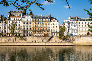 Paris, France - April 9, 2020: Typical Haussmannian buildings on the Ile Saint Louis during...