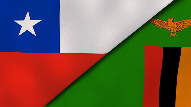 The flags of Chile and Zambia. News, reportage, business background. 3d illustration
