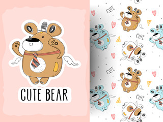 Cute bear in hat with pattern background