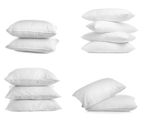 Collage of different soft pillows on white background