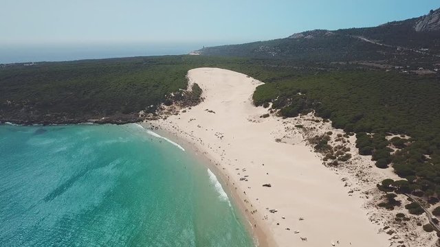 Aerial view of Bolonia beach. Duna de Bolonia, considered a natural monument . Situated in south-west of Spain, province of Cadiz, the beach is located in the limits of El Estrecho Natural Park. 