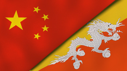 The flags of China and Bhutan. News, reportage, business background. 3d illustration