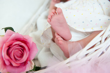 newborn baby feet in bed